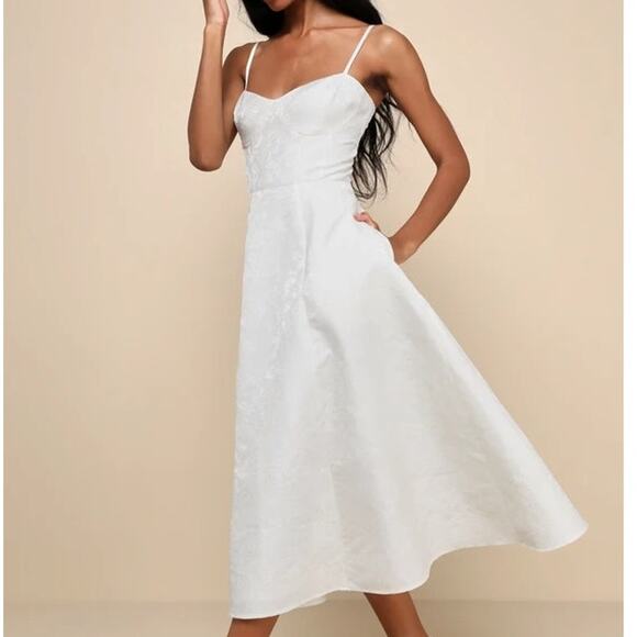 Lulus NWOT Meet For Tea White Woven Jacquard Corset Bustier Midi Dress Small - Picture 1 of 11